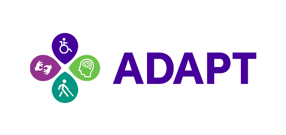 Four icons form a flower shape, each representing accessibility: a wheelchair, brain, walking person, and sign language. The word “ADAPT” appears in bold purple letters to the right.