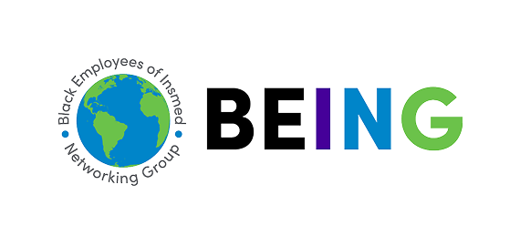 Logo with an illustration of Earth, text around it reads "Black Employee of International Perspective Group." Next to the globe, the word "BEING" is written in large letters, with "IN" in blue and green.