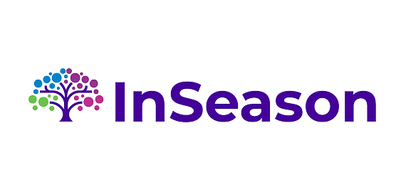 Logo for "InSeason" featuring a stylized tree with colorful circular leaves in green, blue, and purple, positioned to the left of the brand name written in purple text.