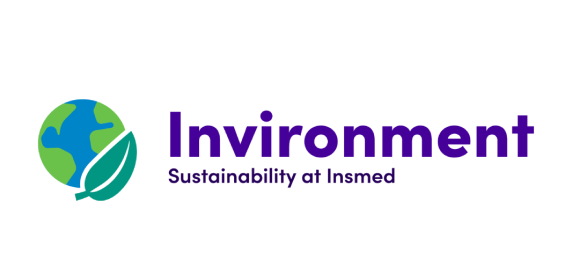 Logo with a globe and a green leaf beside the word "Invironment" in bold purple letters; below, it says "Sustainability at Insmed" in smaller text.