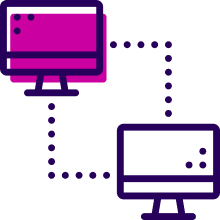 Two computer monitors connected by a dotted line, representing network or data sharing, with one monitor shaded pink and the other outlined in purple.