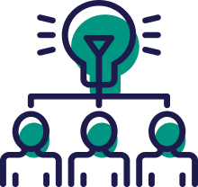 Three outlined figures are connected by lines to a large light bulb above them, symbolizing shared ideas or teamwork and collaboration.