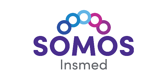 Logo with five interlocking circles in blue and purple above the word "SOMOS" in bold blue letters; "Insmed" appears below in light gray letters.