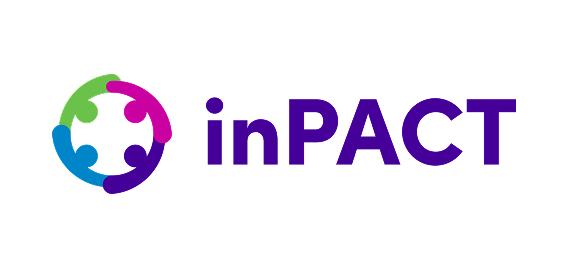 Logo with the word "inPACT" in purple text next to a circular icon of four stylized figures in green, blue, and purple, joined in a circle, symbolizing unity or teamwork.