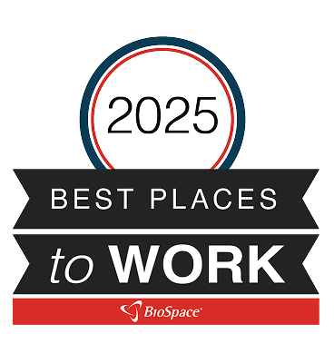 A badge displaying "2025 Best Places to Work" with the BioSpace logo at the bottom. The text is inside a black and red design.