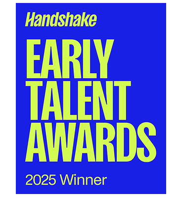 A blue square graphic with yellow-green text reading "Handshake Early Talent Awards 2025 Winner.
