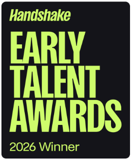 A black square badge with rounded corners displaying "Handshake Early Talent Awards 2026 Winner" in bold, bright yellow-green text.
