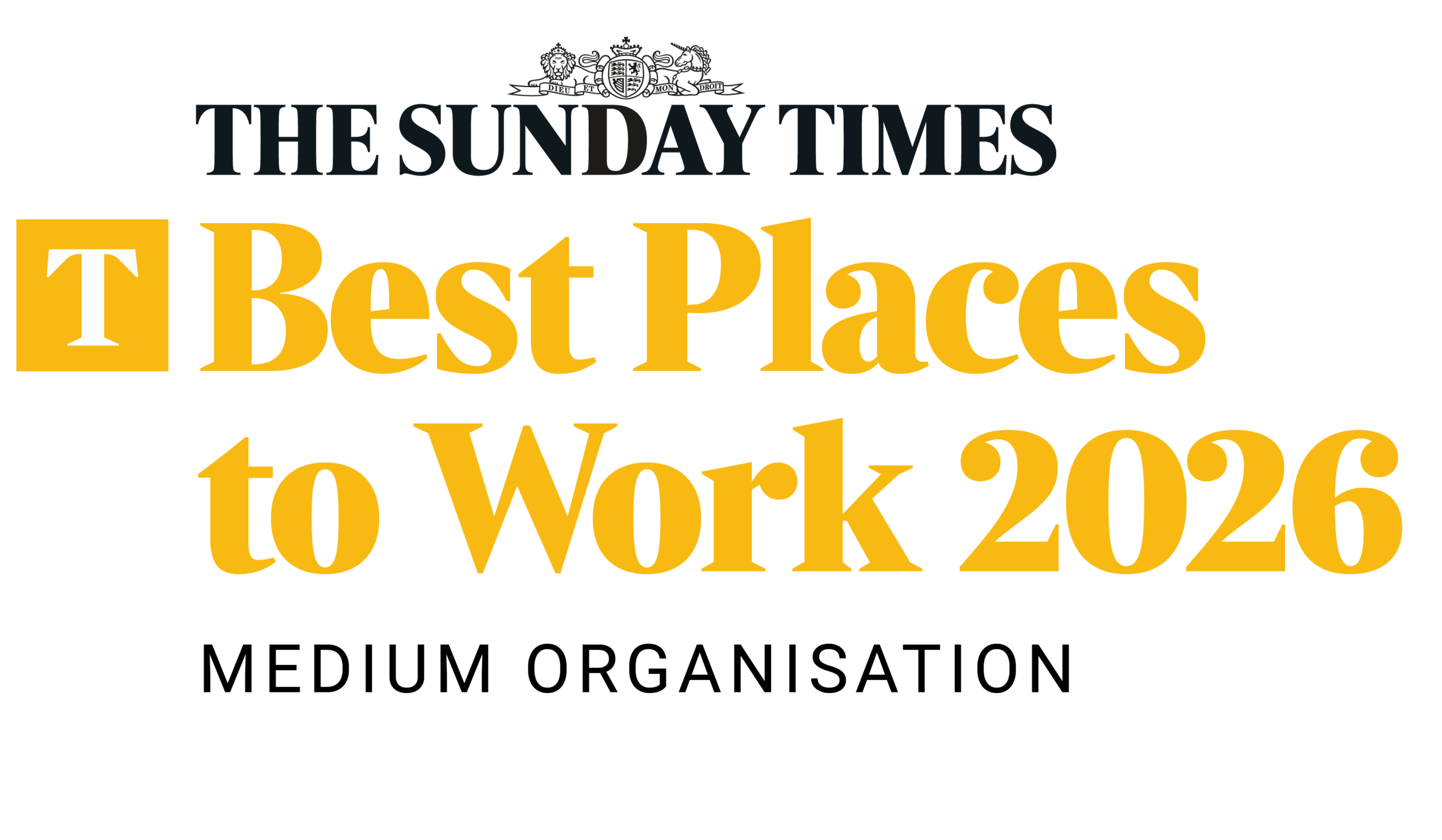 The Sunday Times Best Places to Work 2026 logo for medium organisations, with bold yellow and black text on a white background.