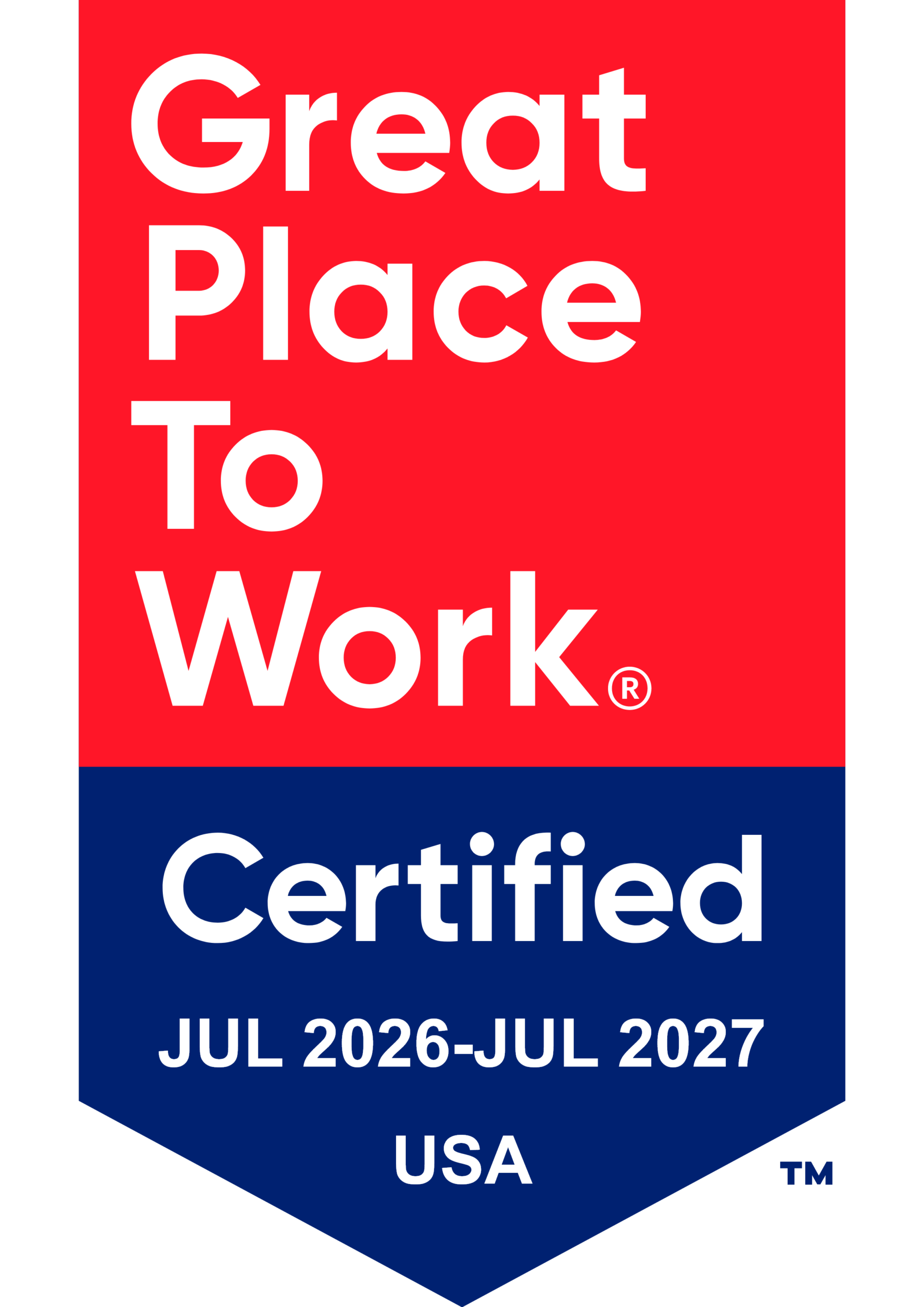 Red and blue badge with white text: “Great Place To Work Certified JUL 2026–JUL 2027 USA.”.